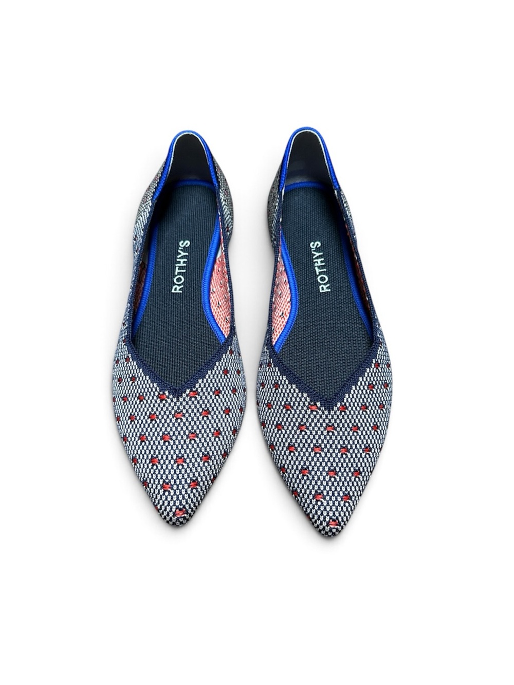 Rothy's Pointed Toe Blue and Red Patterned Flats - Picture 2 of 5